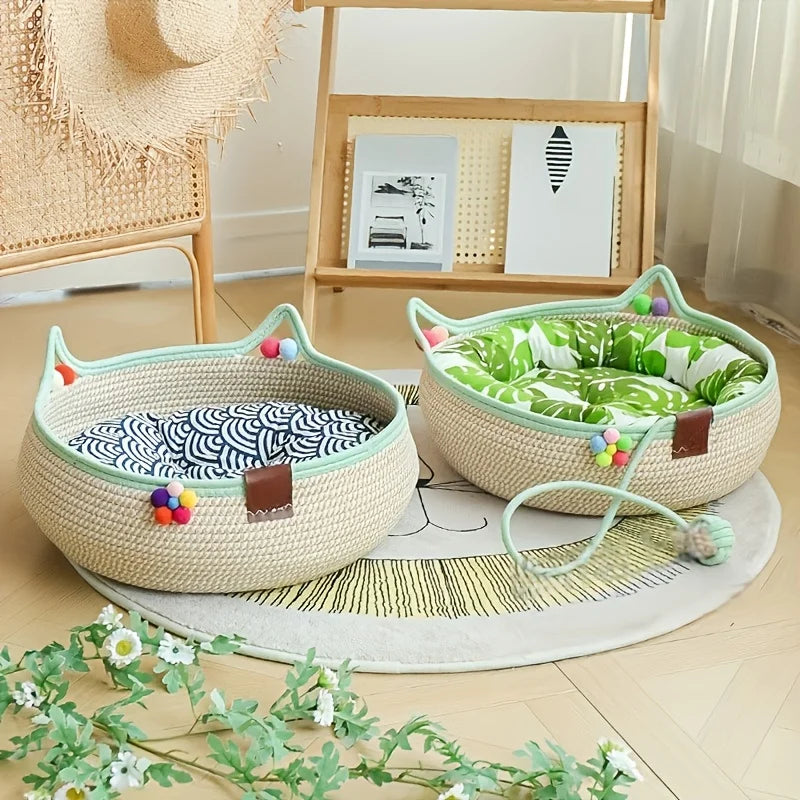 Round Woven Rattan Cat Bed