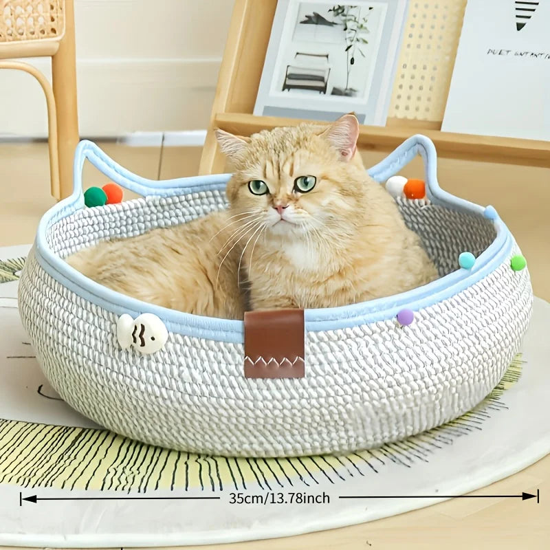 Round Woven Rattan Cat Bed