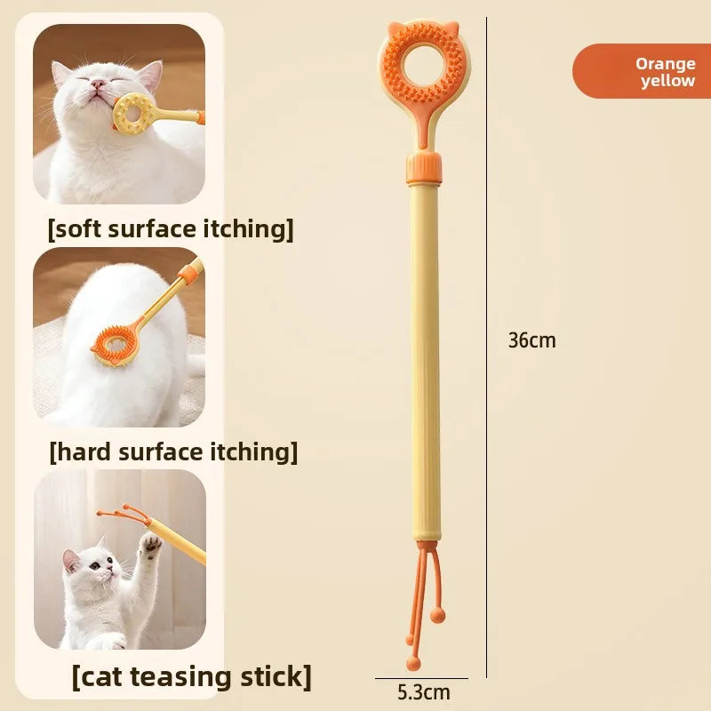 Retractable Pet Scratch Stick 2-in-1 Cat Massager Teaser Wand with Double-Sided Massage Head Durable Interactive for Cats Dogs