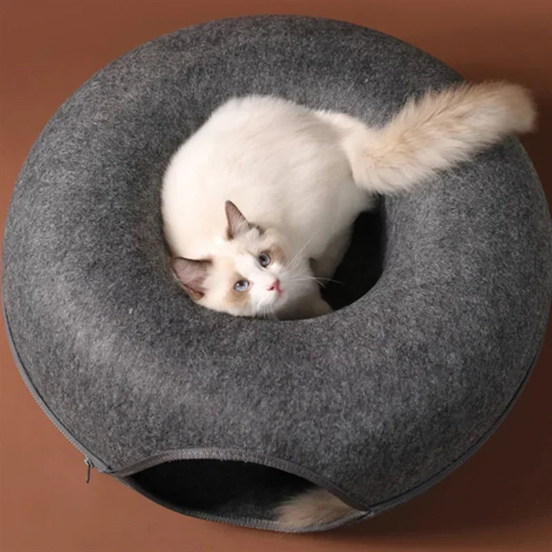 Felt Donut Cat Bed with Tunnel