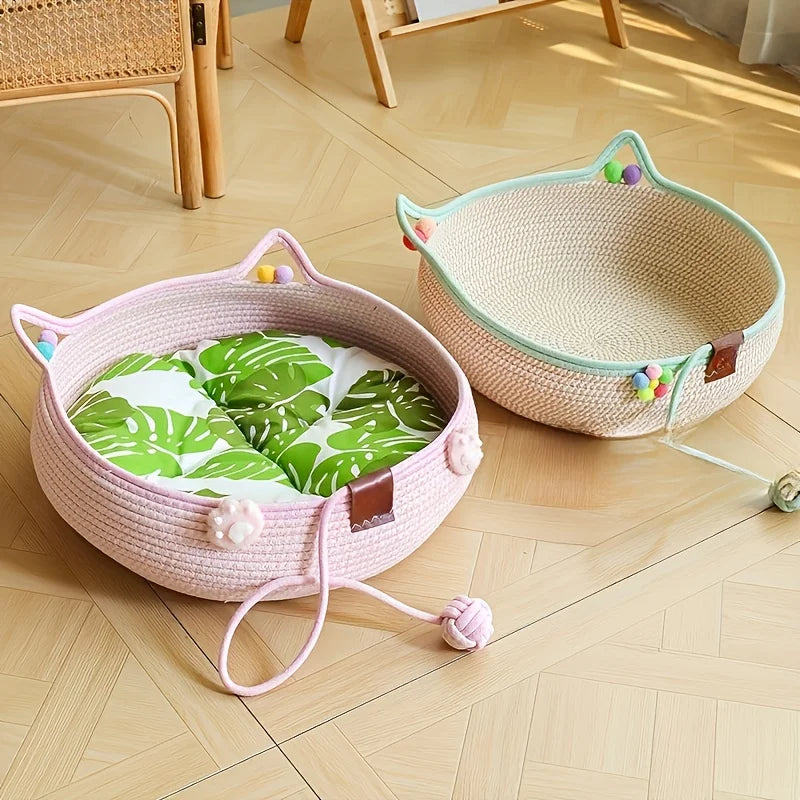 Round Woven Rattan Cat Bed