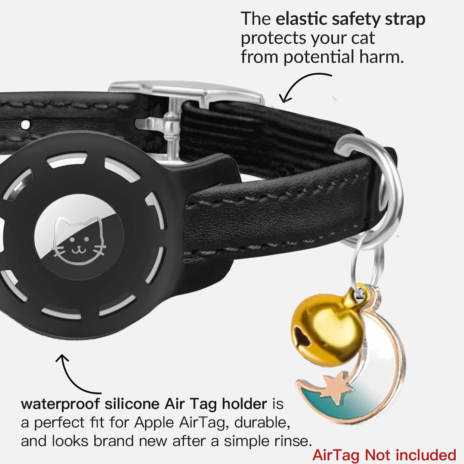 Leather Cat Collar with Bell & AirTag Holder