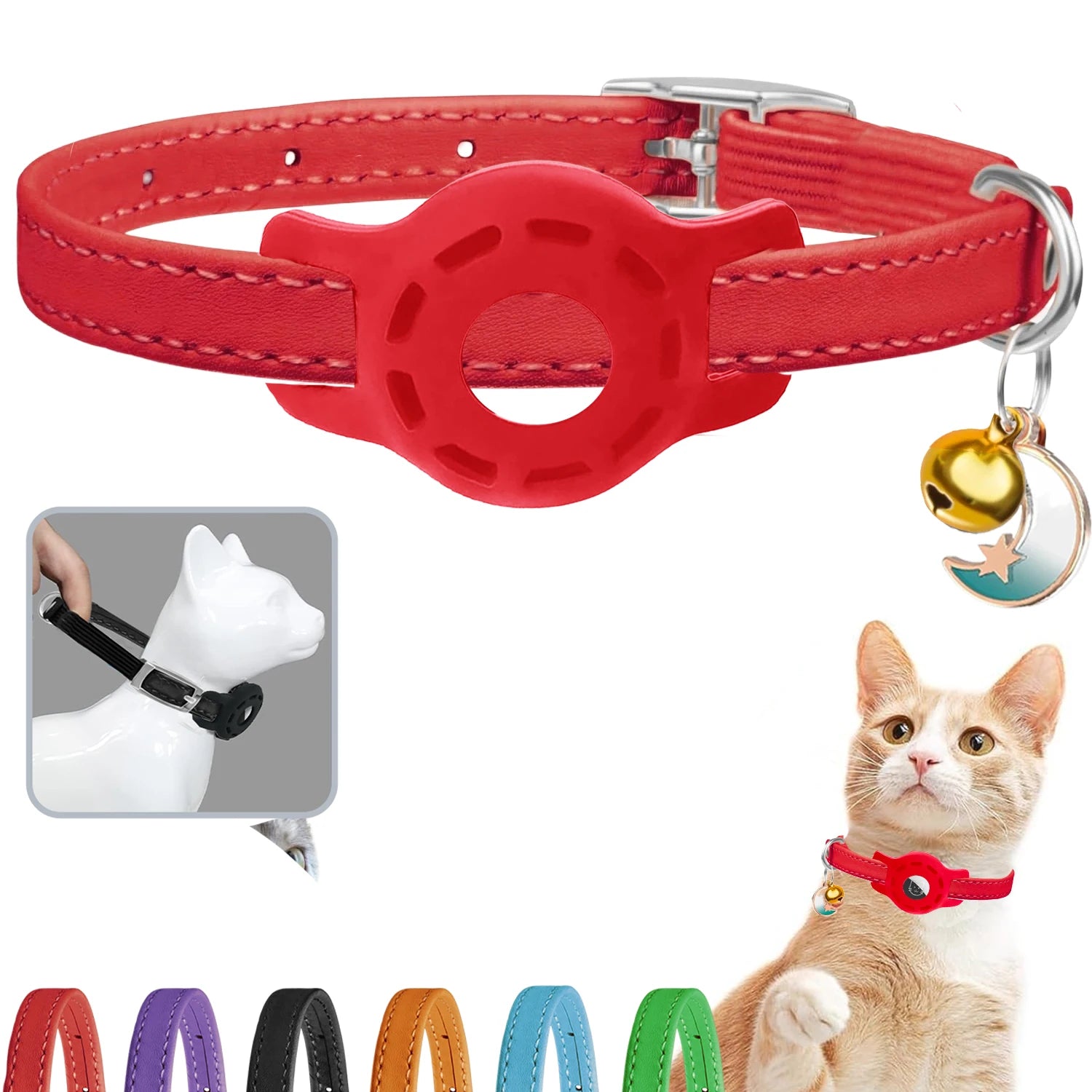 Leather Cat Collar with Bell & AirTag Holder