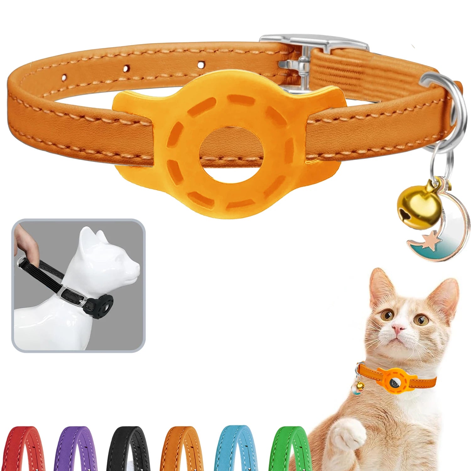 Leather Cat Collar with Bell & AirTag Holder