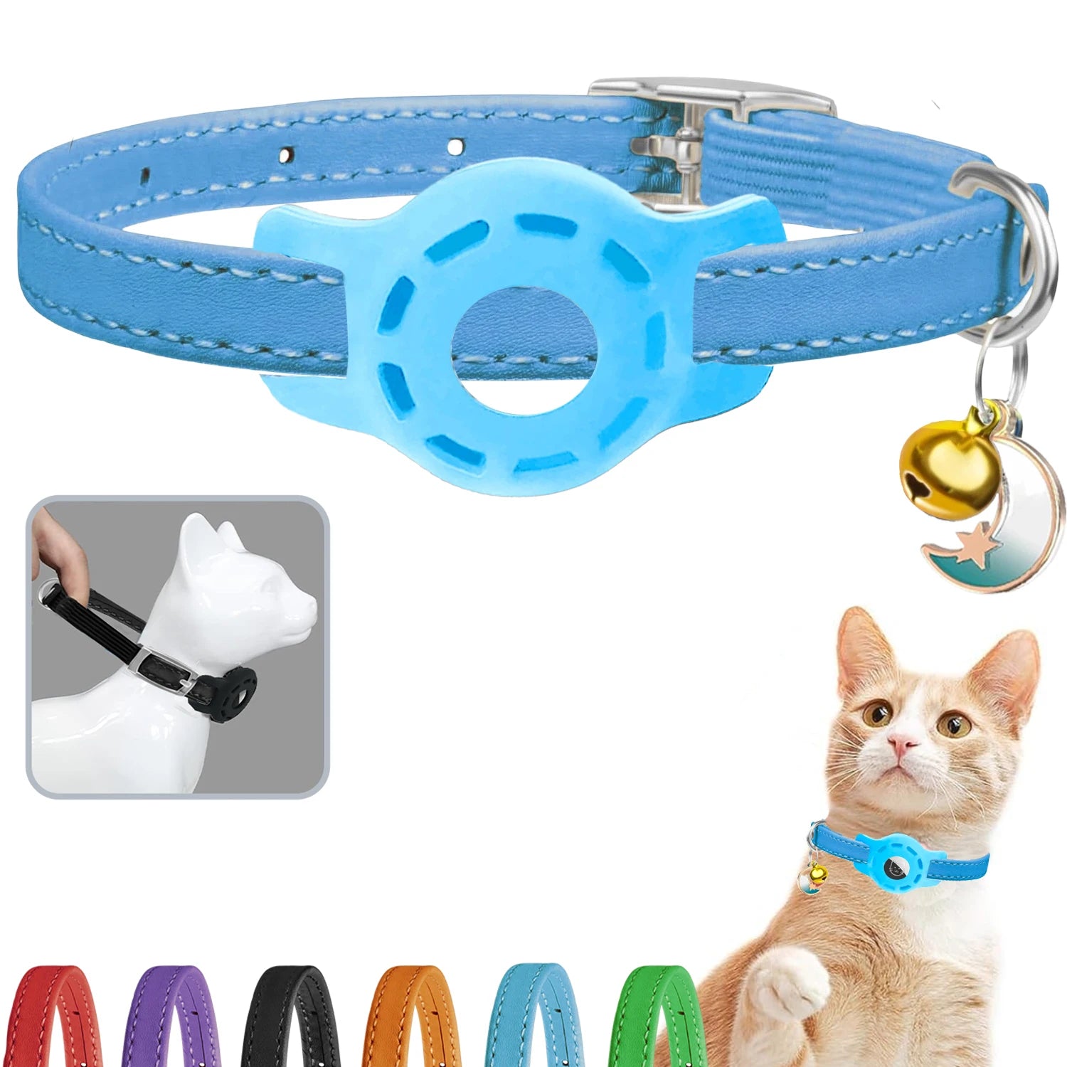 Leather Cat Collar with Bell & AirTag Holder