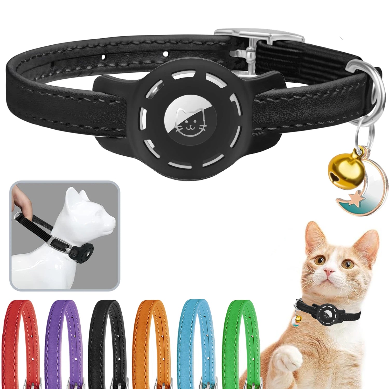 Leather Cat Collar with Bell & AirTag Holder