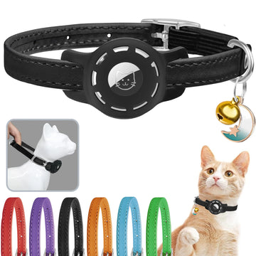 Leather Cat Collar with Bell & AirTag Holder