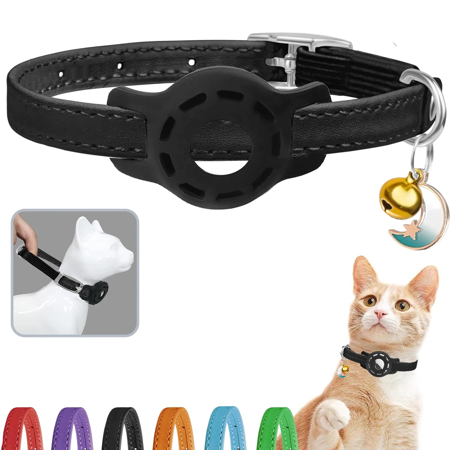 Leather Cat Collar with Bell & AirTag Holder