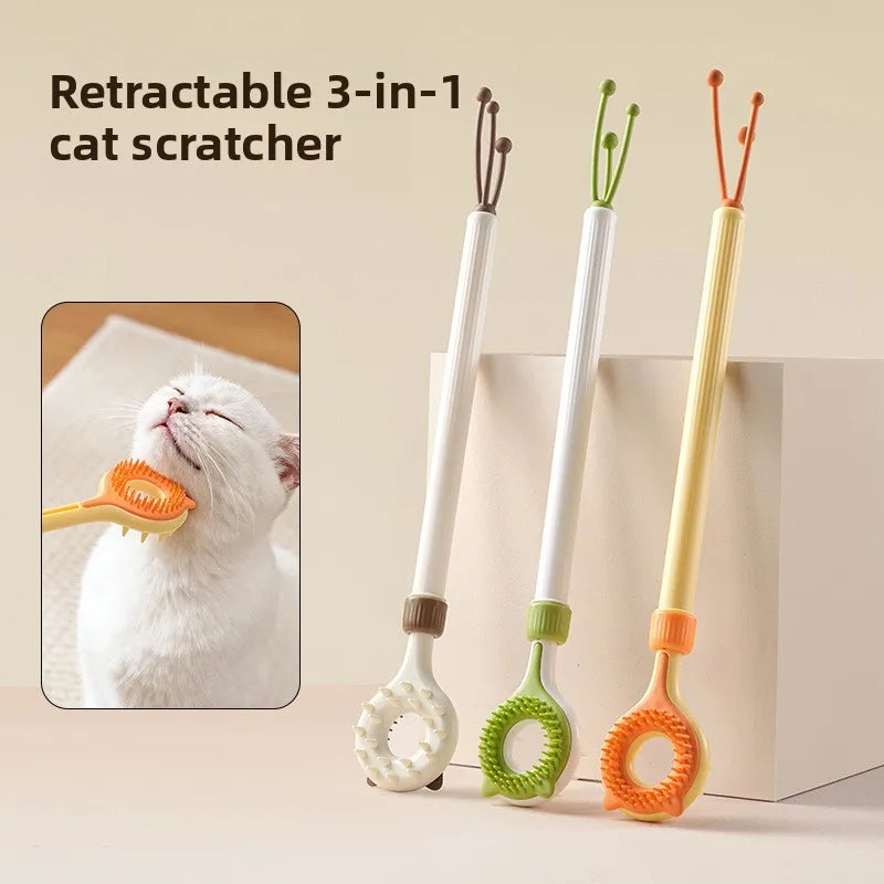 Retractable Pet Scratch Stick 2-in-1 Cat Massager Teaser Wand with Double-Sided Massage Head Durable Interactive for Cats Dogs